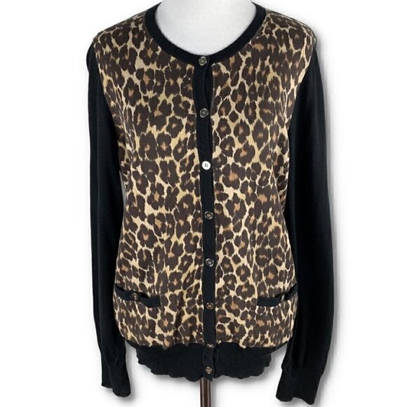 Ann Taylor womens sweater size L black brown cheetah print button down cardigan - Picture 1 of 10